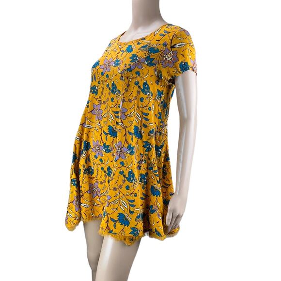 Silence + Noise Witchy Yellow Floral Fringed Short Sleeve T-Shirt Mini Dress M - Picture 6 of 8